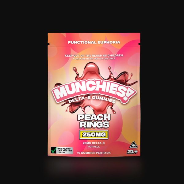 this is a photo of delta munchies d8 gummies 250mg peach rings