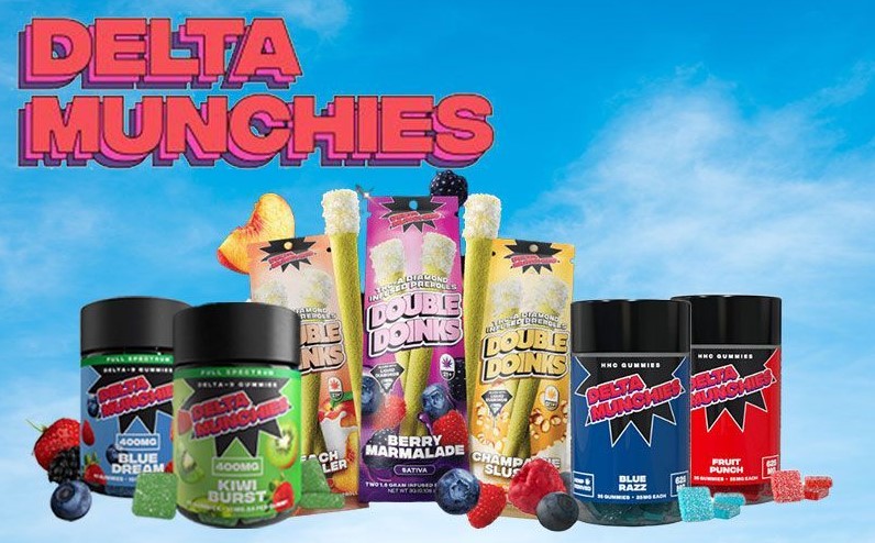 a photo of delta munchies products, double doinks prerolls and gummies