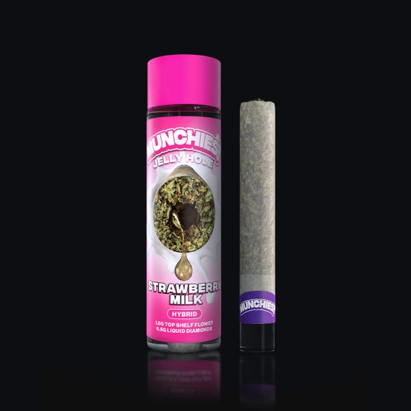 a photo of delta munchies prerolls jelly hole strawberry milk strain
