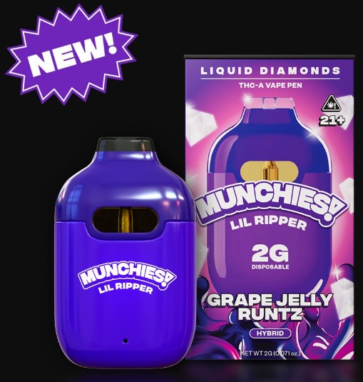 this is a photo of delta munchies liquid diamonds THC-A vape pen 2g disposable grape jelly runtz flavor